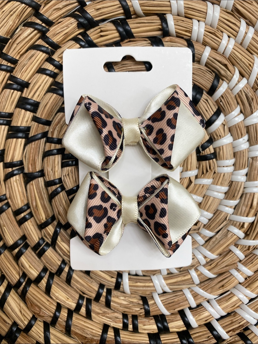 Kids Leopard Print & Cream Double Hair Bows